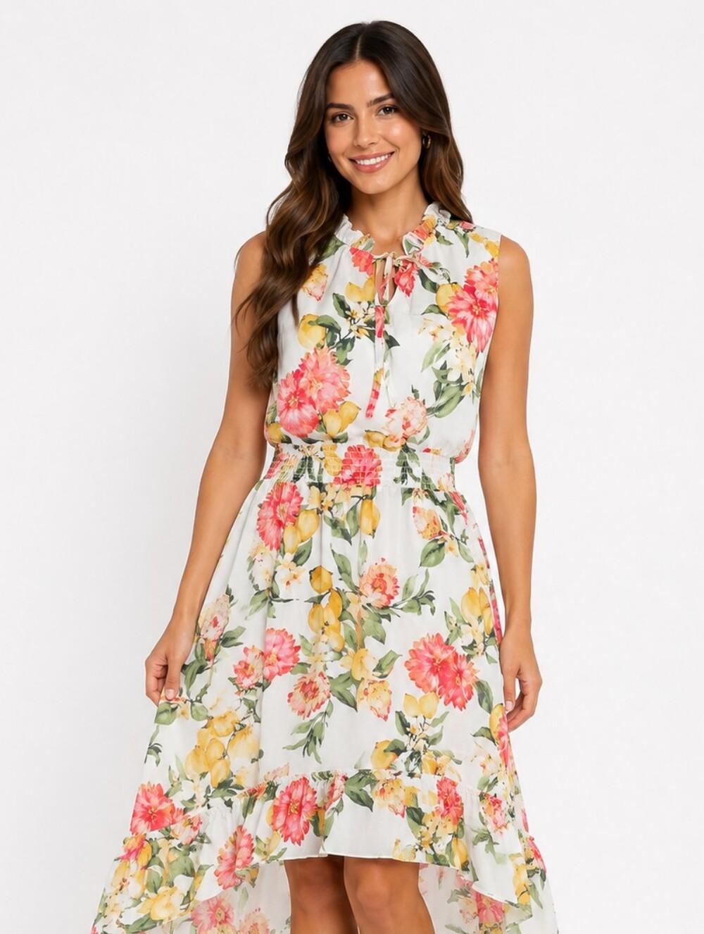 Sleeveless White Floral High-Low Dress - Pink & Yellow Bloom Print